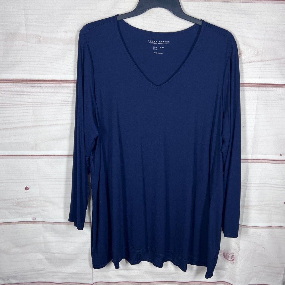 Susan Graver Top Women 3X Blue Weekend Essentials V-Neck Long Sleeve T-Shirt